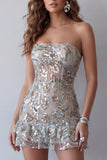 Strapless Dusty Sage Sequins Bodycon Cocktail Dress with Ruffles