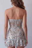 Strapless Dusty Sage Sequins Bodycon Cocktail Dress with Ruffles