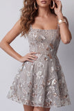 Grey Sequins Square Neck A Line Short Cocktail Dress