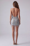Sparkly Grey Blue Halter Beaded Bodycon Mini Cocktail Dress with Fringes