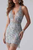 Sparkly Grey Blue Halter Beaded Bodycon Mini Cocktail Dress with Fringes