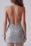Sparkly Grey Blue Halter Beaded Bodycon Mini Cocktail Dress with Fringes
