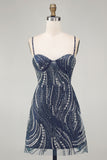 Sparkly Navy Spaghetti Straps Straps Beaded Cocktail Dress with Sequins