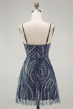Sparkly Navy Spaghetti Straps Straps Beaded Cocktail Dress with Sequins