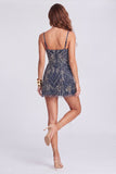 Sparkly Navy Spaghetti Straps Straps Beaded Cocktail Dress with Sequins