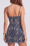 Sparkly Navy Spaghetti Straps Straps Beaded Cocktail Dress with Sequins