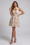 Champagne A Line Keyhole Beaded Short Cocktail Dress with Bow