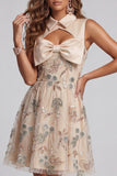 Champagne A Line Keyhole Beaded Short Cocktail Dress with Bow