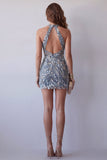 Grey Blue Bodycon Halter Beaded Short Cocktail Dress