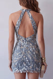 Grey Blue Bodycon Halter Beaded Short Cocktail Dress
