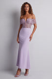 Off The Shoulder Light Purple Mermaid Sheer Maxi Dress with Sequins