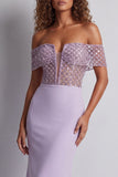 Off The Shoulder Light Purple Mermaid Sheer Maxi Dress with Sequins
