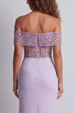 Off The Shoulder Light Purple Mermaid Sheer Maxi Dress with Sequins