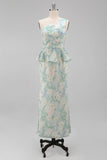 One Shoulder Light Green Sheath Printed Floral Dress