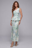 One Shoulder Light Green Sheath Printed Floral Dress