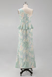 One Shoulder Light Green Sheath Printed Floral Dress