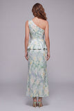 One Shoulder Light Green Sheath Printed Floral Dress