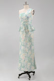 One Shoulder Light Green Sheath Printed Floral Dress
