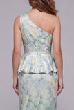 One Shoulder Light Green Sheath Printed Floral Dress