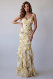 Light Yellow Mermaid Ruffled Spaghetti Straps Floral Dress
