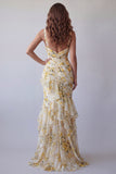 Light Yellow Mermaid Ruffled Spaghetti Straps Floral Dress