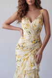 Light Yellow Mermaid Ruffled Spaghetti Straps Floral Dress
