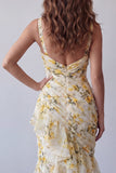 Light Yellow Mermaid Ruffled Spaghetti Straps Floral Dress