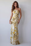 One Shoulder Mermaid Light Yellow Pleated Floral Dress