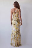 One Shoulder Mermaid Light Yellow Pleated Floral Dress