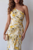 One Shoulder Mermaid Light Yellow Pleated Floral Dress