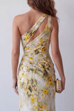 One Shoulder Mermaid Light Yellow Pleated Floral Dress