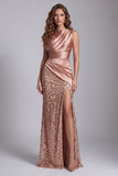 Sparkly Champagne Mermaid Ruched Satin Evening Dress with Slit