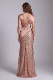 Sparkly Champagne Mermaid Ruched Satin Evening Dress with Slit