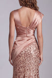 Sparkly Champagne Mermaid Ruched Satin Evening Dress with Slit