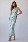 Light Green One Shoulder Ruched Sheath Floral Dress