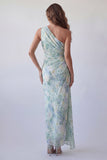 Light Green One Shoulder Ruched Sheath Floral Dress