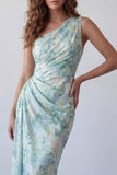 Light Green One Shoulder Ruched Sheath Floral Dress