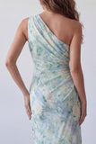 Light Green One Shoulder Ruched Sheath Floral Dress