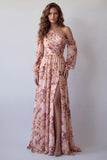 Pink One Shoulder Printed A Line Long Sleeves Floral Dress with Slit