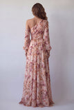 Pink One Shoulder Printed A Line Long Sleeves Floral Dress with Slit