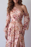 Pink One Shoulder Printed A Line Long Sleeves Floral Dress with Slit