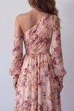 Pink One Shoulder Printed A Line Long Sleeves Floral Dress with Slit
