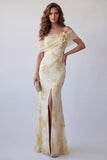 Light Yellow Off The Shoulder Embroidered Mermaid Floral Dress with Slit