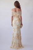 Light Yellow Off The Shoulder Embroidered Mermaid Floral Dress with Slit