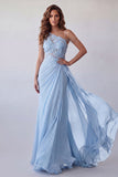 Sky Blue One Shoulder Maxi Chiffon Dress with Appliques