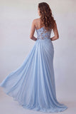 Sky Blue One Shoulder Maxi Chiffon Dress with Appliques