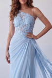 Sky Blue One Shoulder Maxi Chiffon Dress with Appliques