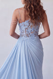 Sky Blue One Shoulder Maxi Chiffon Dress with Appliques