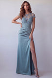 Grey Blue Sheer Sheath Short Sleeves Maxi Dress with Slit