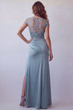 Grey Blue Sheer Sheath Short Sleeves Maxi Dress with Slit